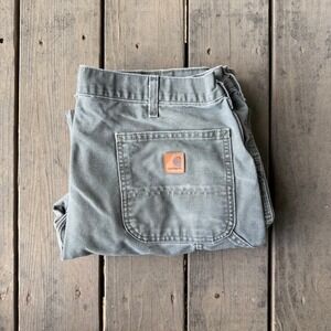 Carhartt Mens Moss Green Duck Canvas Carpenter Pants Workwear 36x29 Faded